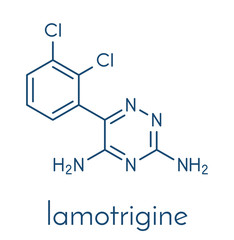 Lamotrigine seizures drug molecule. Used in treatment of epilepsy and bipolar disorder. Skeletal formula.