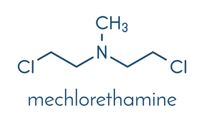 Chlormethine (mechlorethamine, mustine, HN2) cancer chemotherapy drug molecule. Nitrogen mustard compound also used a blister agent (chemical weapon). Skeletal formula.