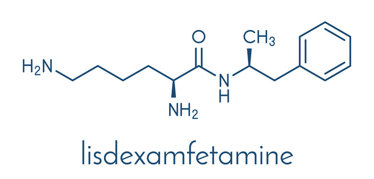 Lisdexamfetamine mesylate ADHD treatment drug molecule. Skeletal formula.
