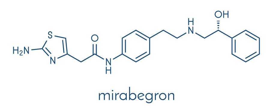 Mirabegron overactive bladder treatment drug molecule. Skeletal formula.