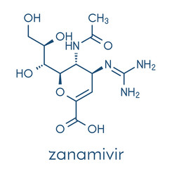 Fototapeta na wymiar Zanamivir influenza virus treatment drug molecule. Skeletal formula.