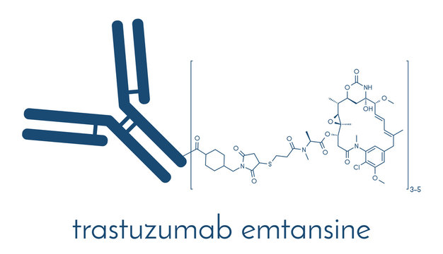 Trastuzumab emtansine antibody-drug conjugate molecule. Each antibody is conjugated to 0-8 cytotoxic mertansine molecules through a cleavable linker. Skeletal formula.