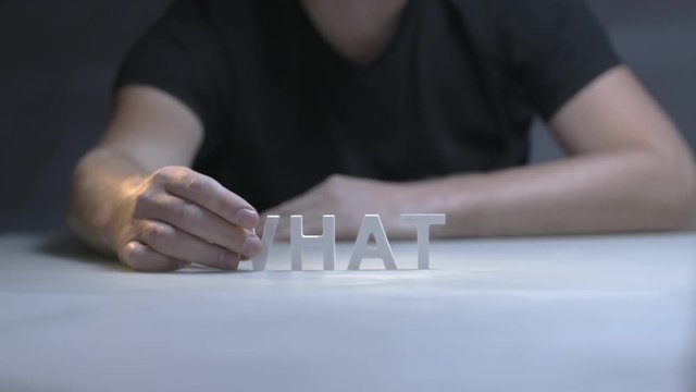 Man hands composition word what by white letters on gray background
