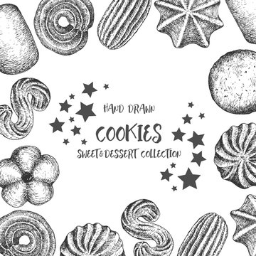 Cookies background design template. Vintage black and white illustration. Sweet and Baked vector element.