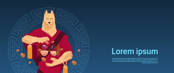 Happy Chinese New New Year Card With Man Wearing Dog Mask In Traditional China Clothes Hold Sand Watch Flat Vector Illustration