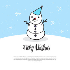 Merry Christmas Card Doodle Snowman On Blue Background With White Snowflakes Vector Illustration