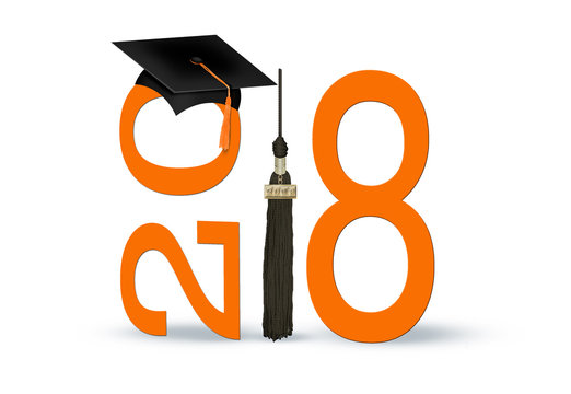 graduation 2018 year in orange and black hat with tassel isolated on white