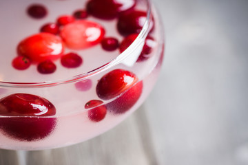 Tasty christmas cocktail with cranberry and foxberry. Shallow depth of field. Selective focus.