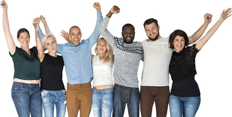 Obraz premium Happiness group of people huddle and arms raised smiling togethe
