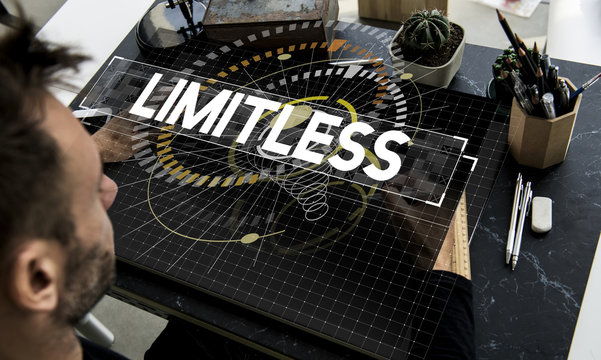 Caucasian man looking at a limitless graphic