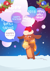 Dog In Santa Hat Over Chat Bubble with Happy New year 2018 Messages Holiday Greeting Card Vector Illustration