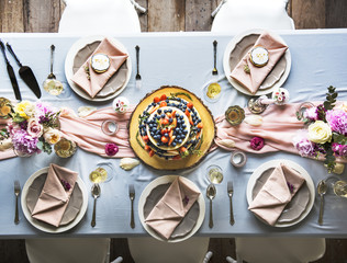 Aerial view of fruity wedding cake on wedding reception table