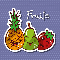 cute kawaii fruits set smiling healthy food vector illustration