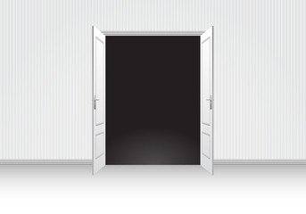 Realistic white room open double door interior vector illustration.