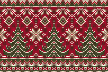 Winter Holiday Seamless Knitting Pattern with a Christmas Trees. Knitted Sweater Design. Wool Knit Texture