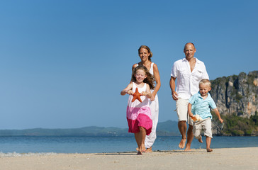 A Caucasian family is enjoying summer vacation