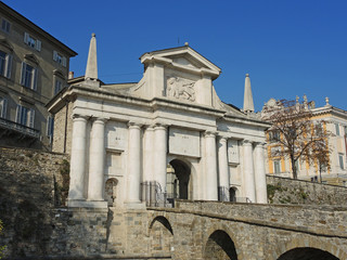 Obraz premium Bergamo - Old city. One of the beautiful city in Italy. Lombardia. Landscape on the old gate named Porta San Giacomo