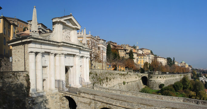 Bergamo, the old city. One of the beautiful city in Italy. Lombardia. Landscape on the old gate named Porta San Giacomo and historical buildings