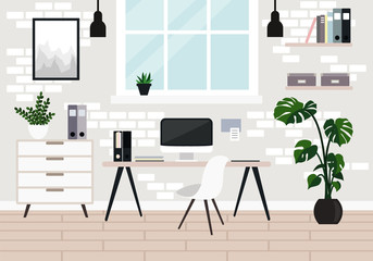 Vector workplace modern design. Office, studio, cabinet or home workspace interior with white brick wall, window, desktop, PC computer, documets, plants. Flat style illustration