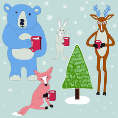 Funny forest animals enjoying hot cocoa in a winter .