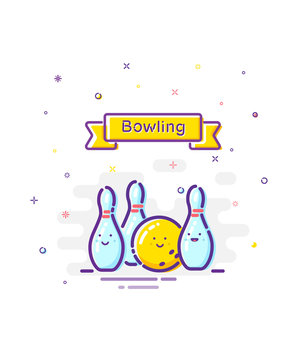 Bowling illustration in mbe design style. Vector bowling pins, ball and ribbon.