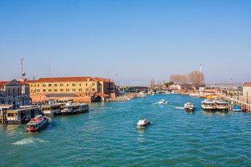 Venice City of Italy. View on Grand Canal, Venetian Landscape with boats and gondolas and ferrys