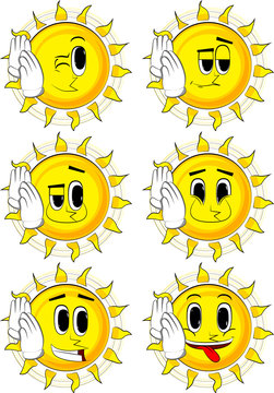 Cartoon sun holds both hand at his ear, listening. Collection with happy faces. Expressions vector set.