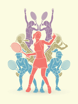 Tennis players , Women action designed using colorful graphic vector.
