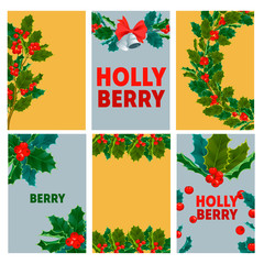 Christmas decorative berry leaves holly branches cards with red berries evergreen winter flower floral plant vector illustration