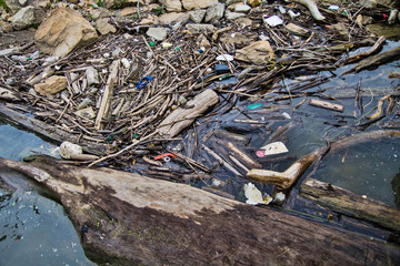 Water Pollution Background. Debris and garbage floating along the freshwater shore of the Ohio River in America.