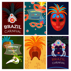 Carnival Italy and Brazil web banner masks celebration festive carnaval masquerade background festival flyer vector illustration.