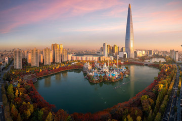 Travel point and Tower and building in Seoul city with autumn and fall park in Korea, Asia