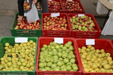 big boxes of fruit with the ripe apples