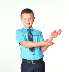 Isolated boy. Business people. A young businessman. A boy shows hands.