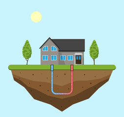 Geothermal green energy concept. Eco friendly house with geothermal heating and energy generation. Vector illustration.