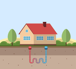 Geothermal green energy concept. Eco friendly house with geothermal heating and energy generation. Vector illustration.