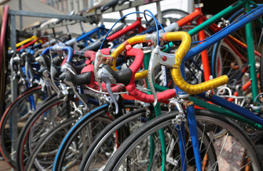 Fototapeta na wymiar racing bikes for sale on the market of used things in Europe