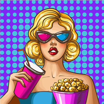 Vector pop art illustration of beautiful lady in 3d glasses