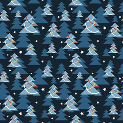 Simple geometrical christmas pattern with fir-tree in retro art deco style. Seamless pattern for new year decoration, web design, wrapping paper and prints.