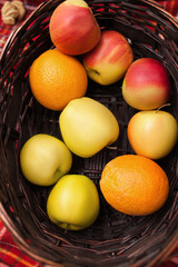 Healthy lifestyle organic fruits picnic nature concept. Advertisement of proper nutrition.