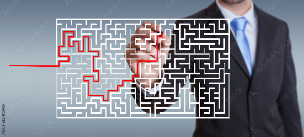 Poster Businessman searching solution of a complicated maze
