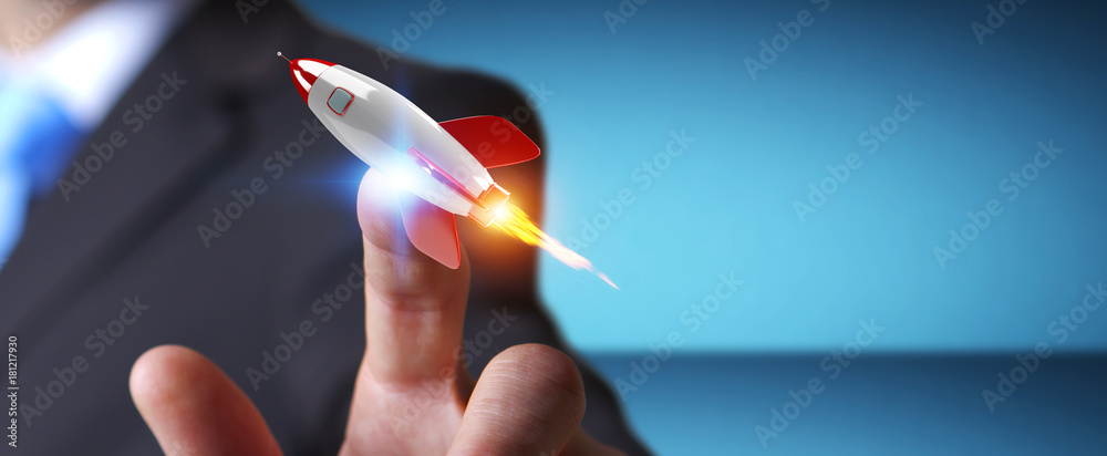 Poster businessman holding and touching a rocket 3d rendering