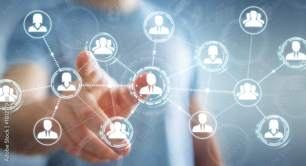 Aufkleber Businessman using social network connection 3D rendering