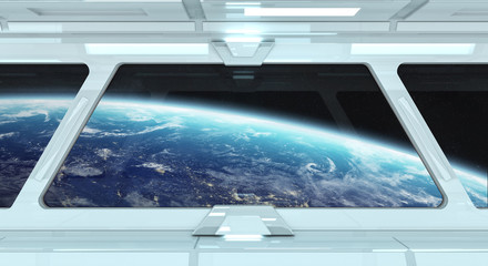 Fototapeta premium Spaceship corridor with view on the planet Earth 3D rendering elements of this image furnished by NASA