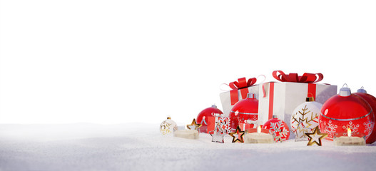 Red and white christmas gifts and baubles on snow 3D rendering