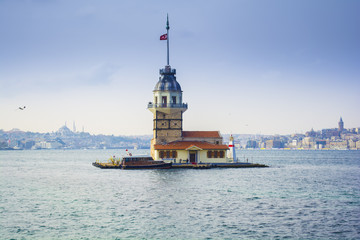 maiden's tower on galata tower and blue mosque background