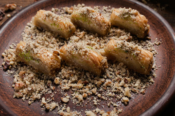 Baklava traditional oriental dessert. Sweet turkish food background concept