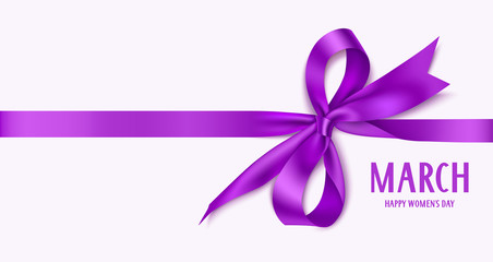 International Womens Day design template. 8 march background with beautiful purple bow and horizontal ribbon. Holiday decoration