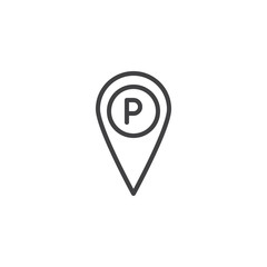 Parking place location pin line icon, outline vector sign, linear style pictogram isolated on white. Map pointer with car parking symbol, logo illustration. Editable stroke