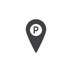 Parking place location pin icon vector, filled flat sign, solid pictogram isolated on white. Map pointer with car parking symbol, logo illustration.